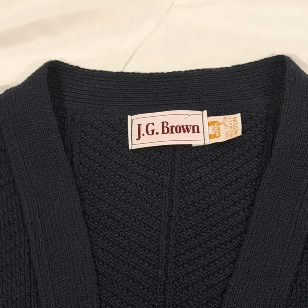J.G. Brown Cardigan Vest Men M Navy Blue Cotton Knit Grandpacore Made in USA